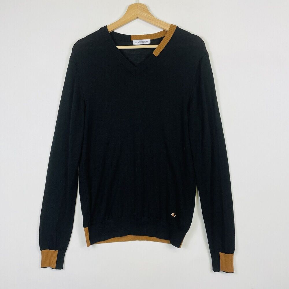 Manuel Ritz Black Brown V-Neck Merino Wool Blend V-Neck Sweater Mens Medium